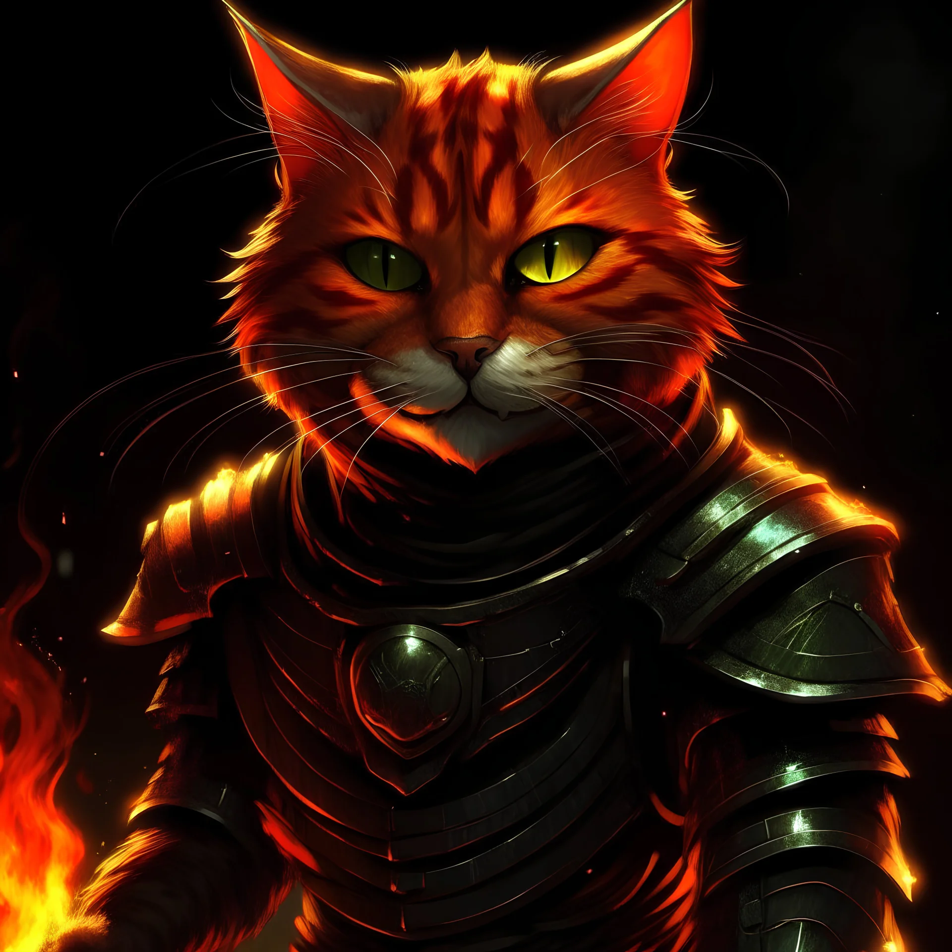 A realistic humanoid cat, sunset orange fur, blood red stripes, Wearing black leather armour, grinning, Glowing green eyes, shrouded in shadows, combat pose, sparks and flames surrounding