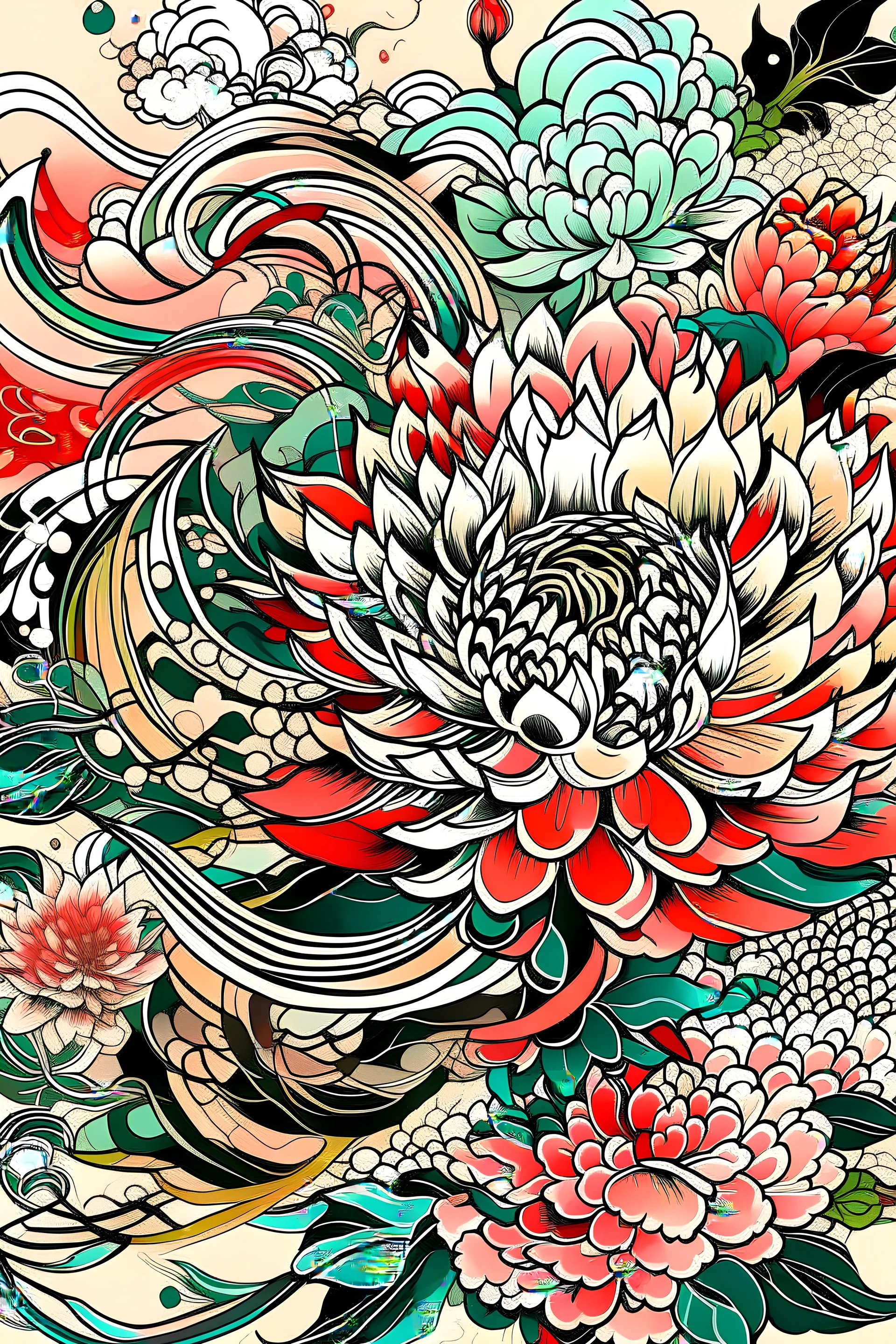 Create a captivating modern tattoo design for print , prestigious floral competition using the elegant influences of japan art style, for print, dynamic elements from fashion and design, and bold Pop Art aesthetics. centralized