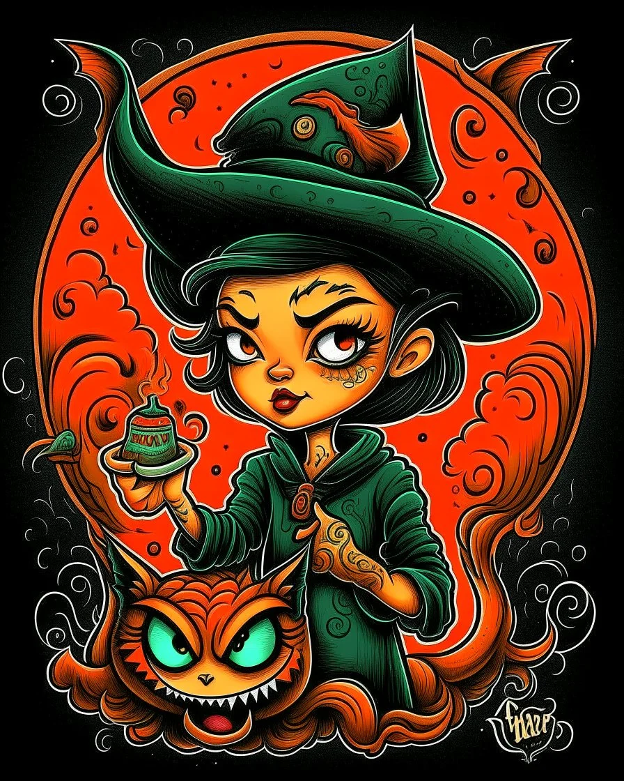 Lowbrow Pop Surrealism Trick or Treater tattoo design, traditional tattoo style, t-shirt design, fantasy art, digital painting, clean dark background, 8K