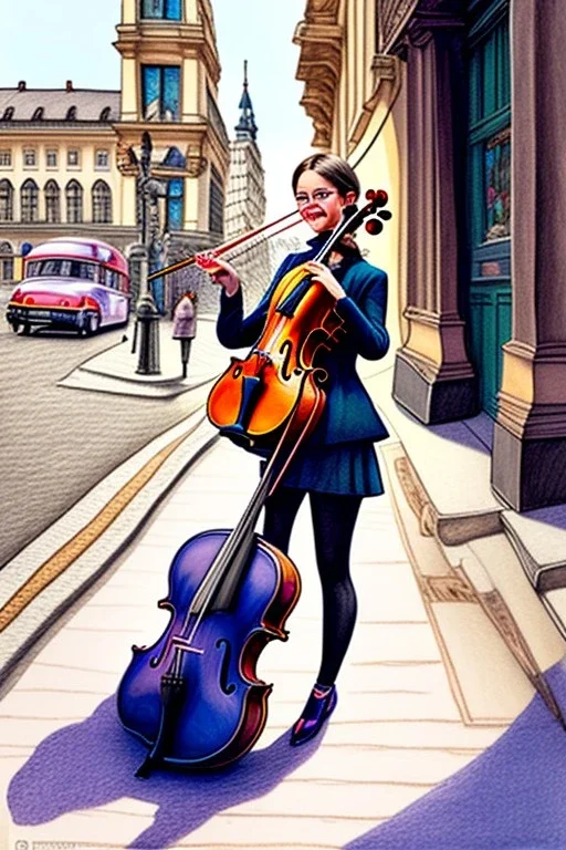 One single female cat playing violin on the street, Vienna, colours, smiling, model style, perfect iris, perfect violin, hyper realistic, extremely accurate, delicate, extremely detailed, Graphic novel style, wide-angle, open aperture, superfine pencil