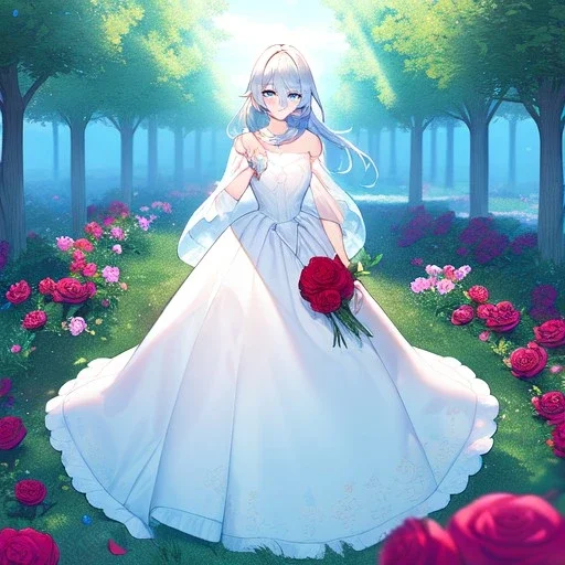 gorgeous anime girl wearing a yellow and white dress ,standing in a meadow of flowers, spreading rose pedals on the ground. beautiful eyes and a stunning smile, blue eyes, two blue eyes, perfect nose and rosy cheeks and red lips