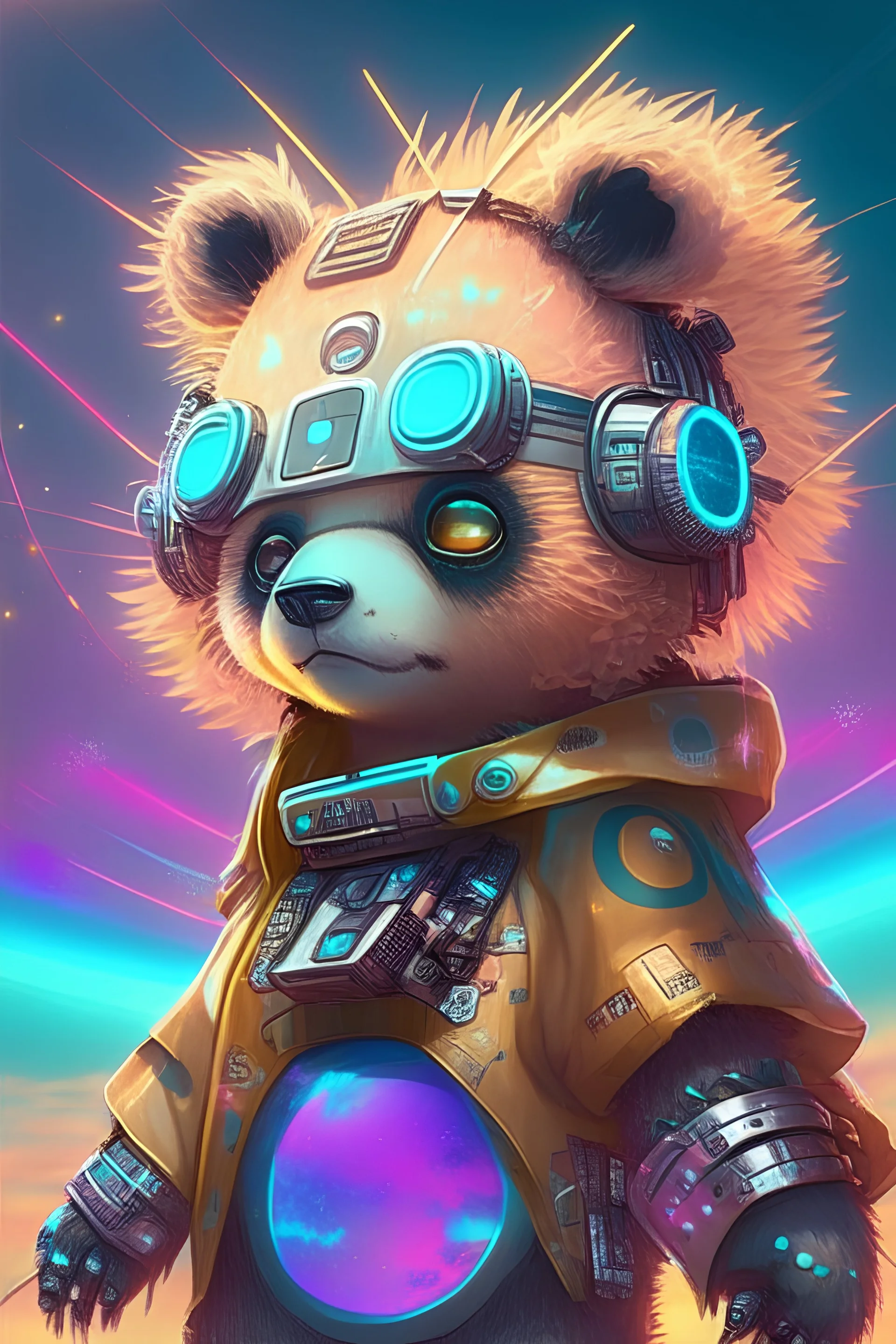 a solar punk cute avatar in a futuristic world. bear japanese kawaii style.