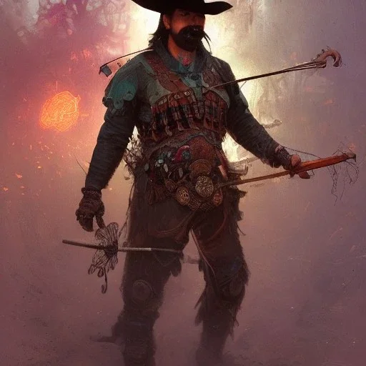 Insanely detailed photograph of an “ a mustachioed cowboy warrior "with sequenceed Sombrero, handsome charo,cigar,crossbow in hand, hyperdetailed painting by Ismail Inceoglu Huang Guangjian and Dan Witz CGSociety ZBrush Central fantasy art album cover art,8K, hdr, mysterious, flickeringlights ,Stoic