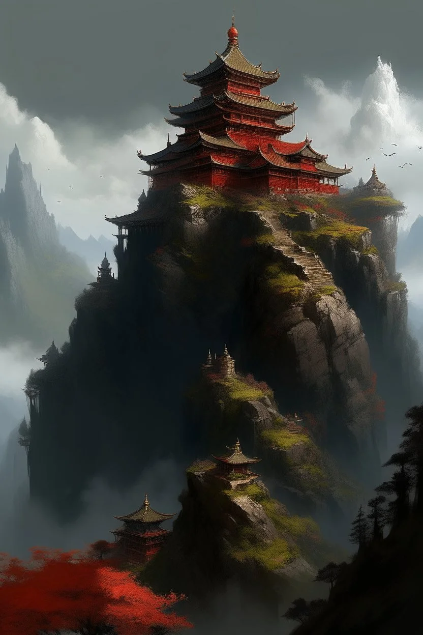 A dark red Eastern castle on the sky high mountain painted by Zhang Lu
