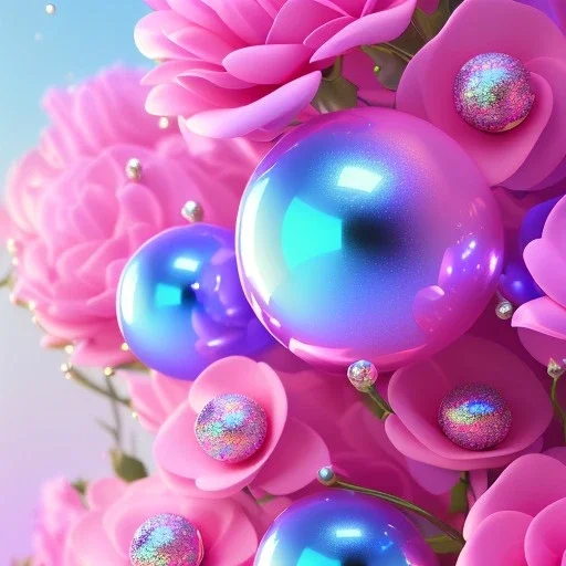 floral arch pink and blue, sparkle, luminous, iridescent background, finely tuned detail, ultra high definition, ultra sharp focus, unreal engine 5, extremely sharp detail, colorful