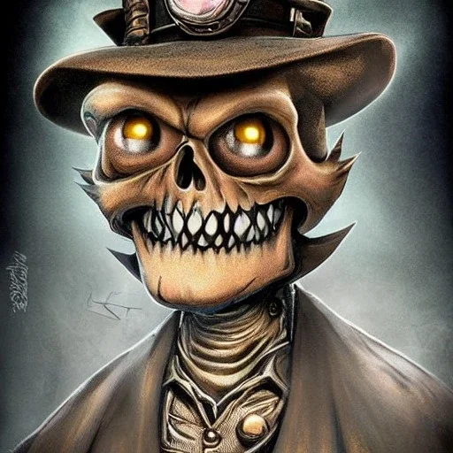 stunning disney Pixar cartoon, cartoon grumpy skull with intricate steampunk hat, full shot, confused eyes, realistic eyes, beautiful perfect symmetrical face, extremely detailed, ultra hd, hdr, 8k, cinematic, dramatic lighting, Stanley Artgerm Lau style, beautifully color-coded,studio Portrait Lighting, illuminated face, golfers hat, hair sticking out of hat, plain black background, no gradient color