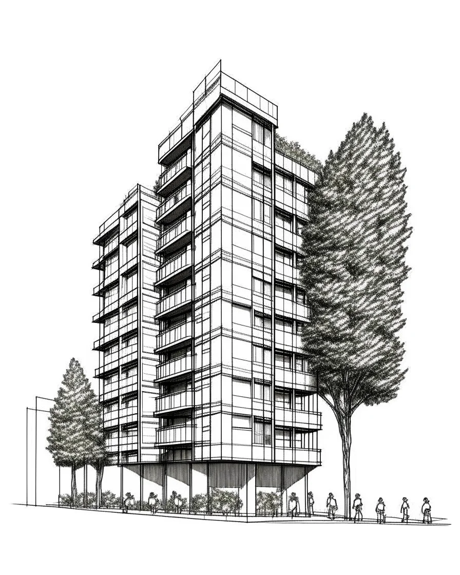 Dibujo arquitectónico de un edificio de cinco pisos, moderno, minimalista, calidad ultra, árboles, gente