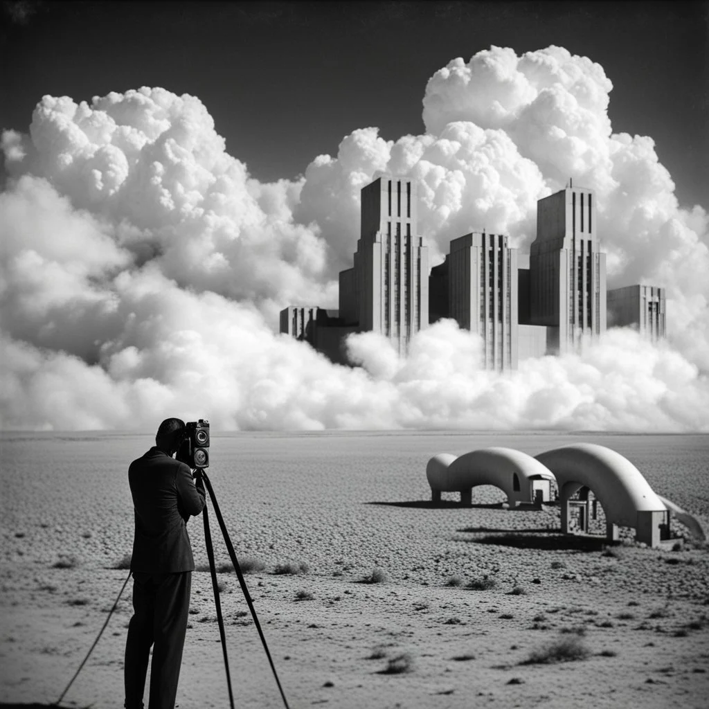 landscape ,minimal ,Photo with an old analog camera. Black and white. Part of a strange dream. white clouds wide plain The big building between them. like pink floyd pigs landscape ,Abandoned factory ,from a weird dream captured with the first model of dreamrecorder by gnom industries inc