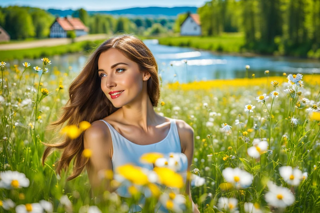 Young woman in flower field in country side ,river, houses,blue sky ,nice clouds,god rays