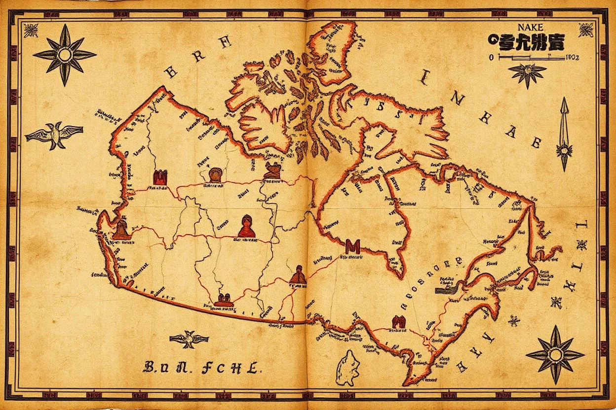 a scan of an ancient Cree Anishinaabe map, hand drawn been stained and weathered