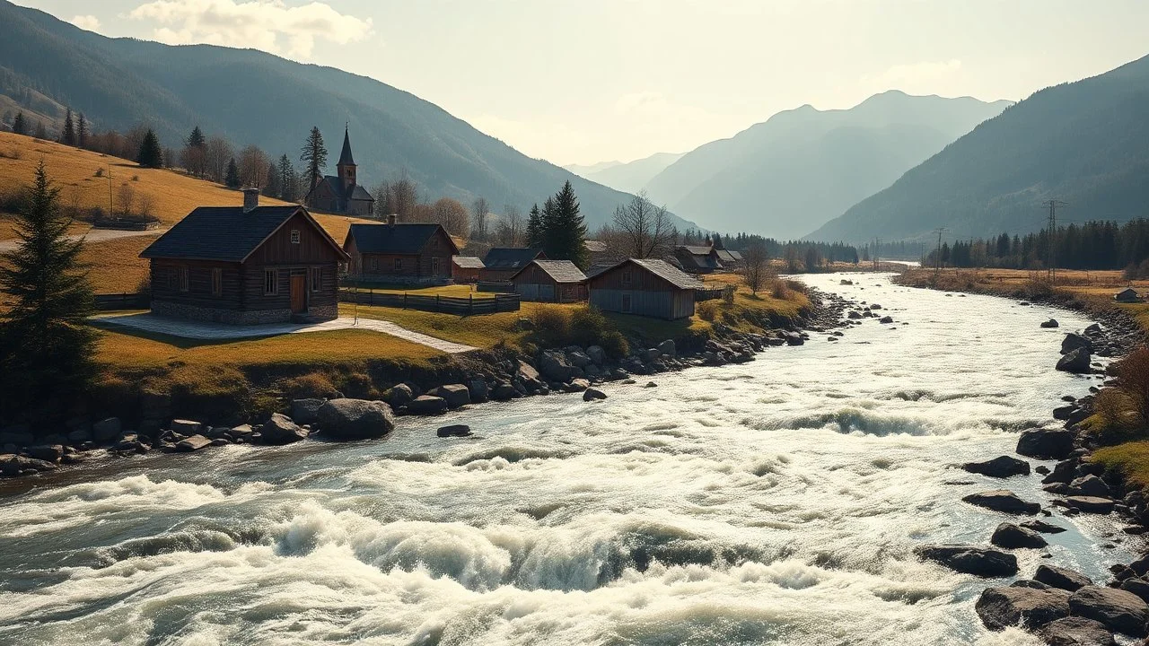 Looking across a fast-flowing dangerous river to a village of new wooden houses, school, church and farm buildings, and mountains in the far distance, highly detailed, realistic, sunshine, award-winning photo