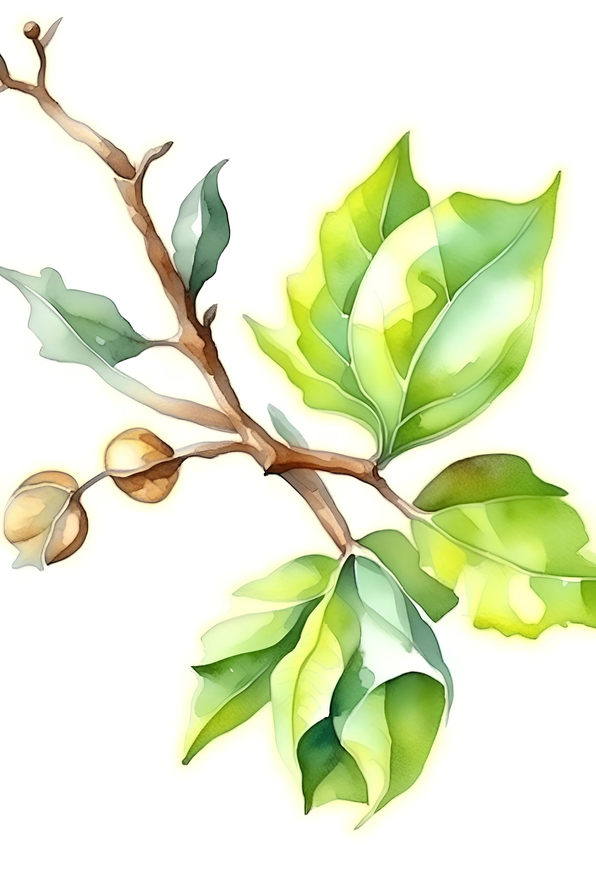 oak bud branch green. watercolor drawing.