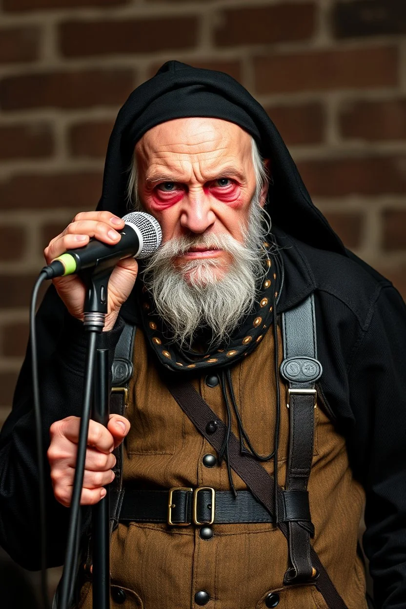 A old man in old boring costume, lookin very angry and bitter, he is holding a microphone and he was a member of an old punk music group before