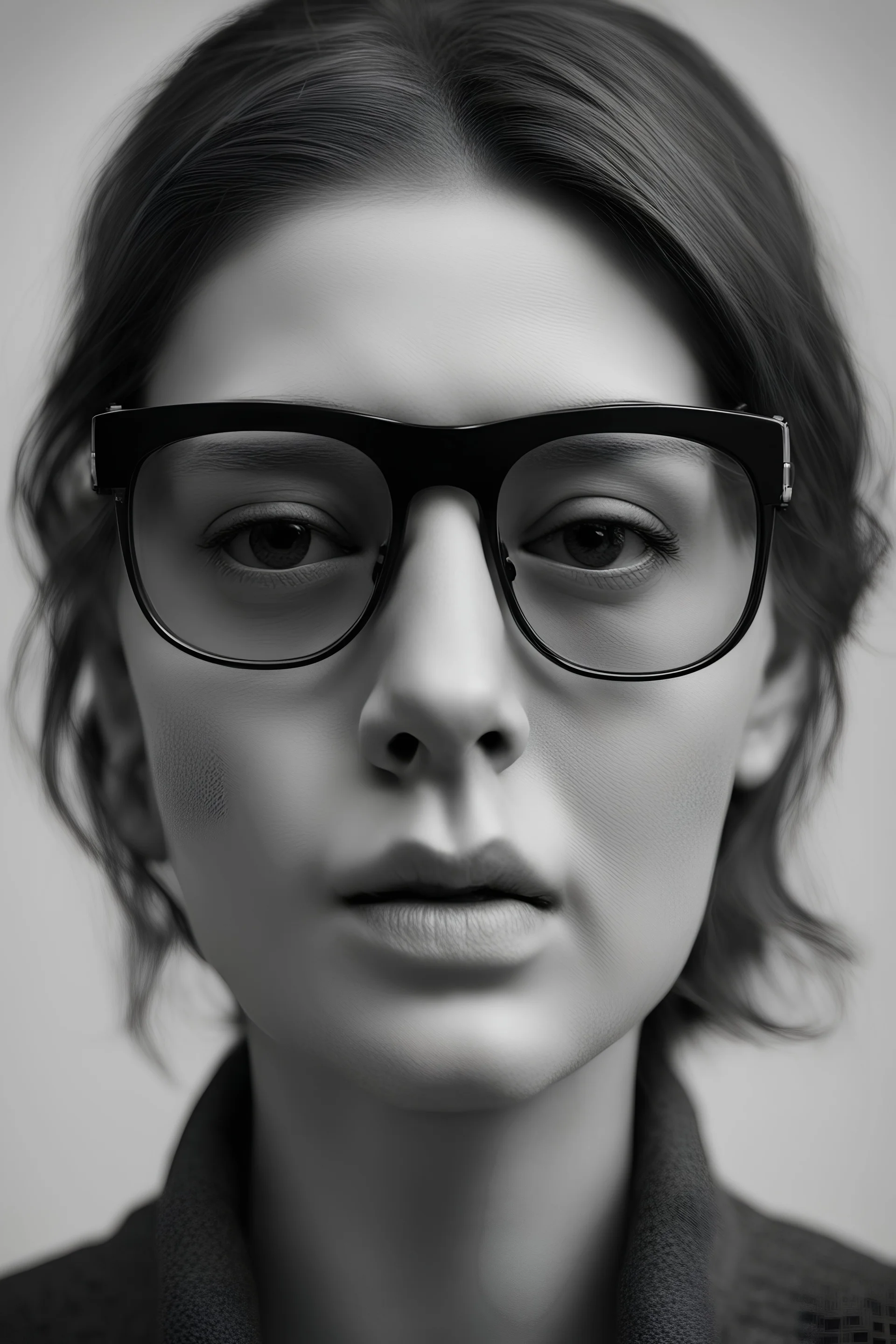 el rostro de una mujer con gafas totalmente oscuras y con expresión seria en blanco y negro que no se ven los ojos, que solamente se vea su rostro y cuello que no se vean sus ojos, gafas mas oscuras que su expresión sea más seria, mucho más seria casi triste que las gafas sean totalmente oscuras