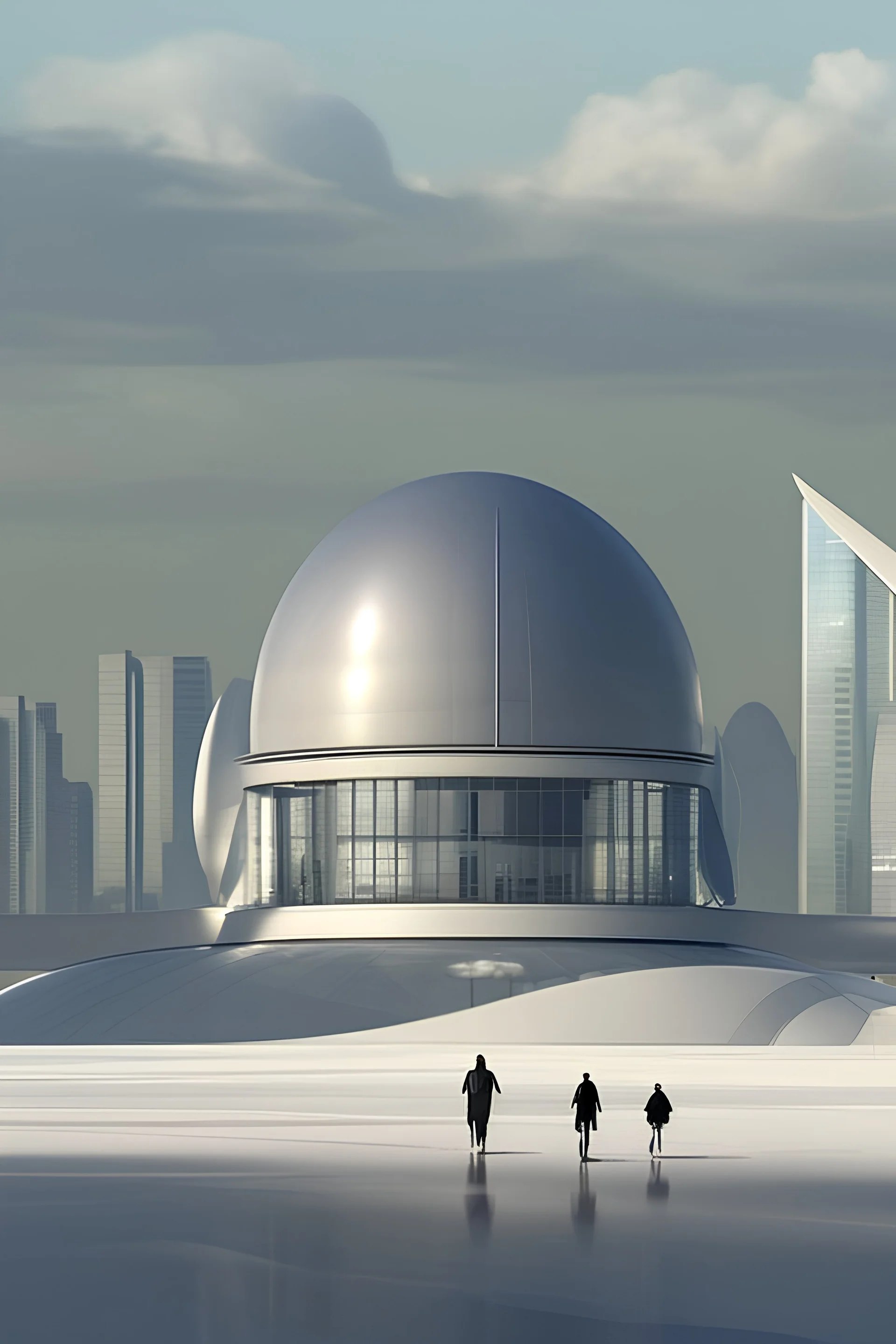 A city with transparent domes and buildings on a very wide white futuristic landscape with people walking around