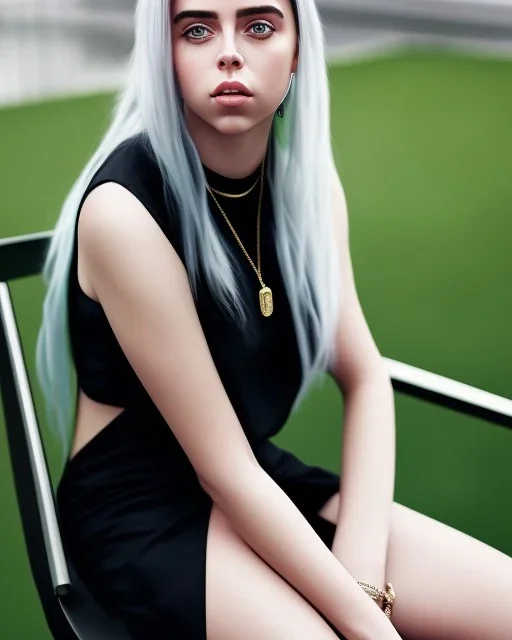 Billie Eilish, sitting on a chair, Black Short Dress, high detail, realistic