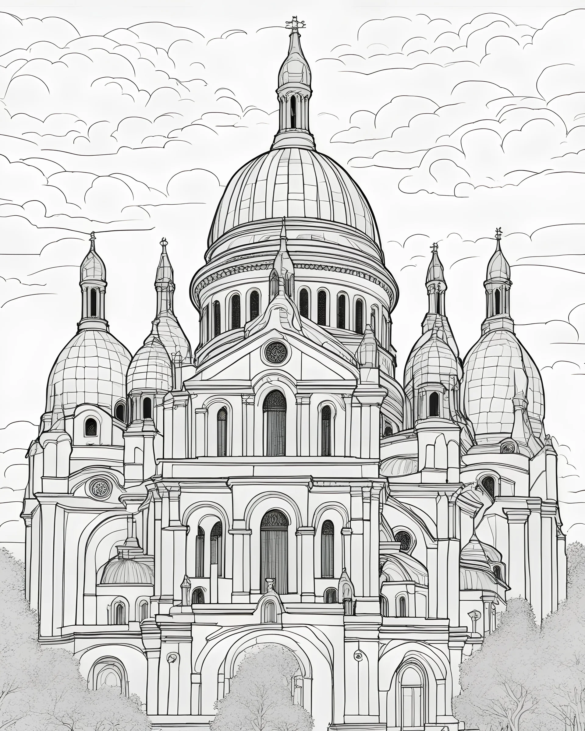 a coloring page, depicting the Sacre Coeur in France, full page, black and white, line art, outline, highly defined lines,