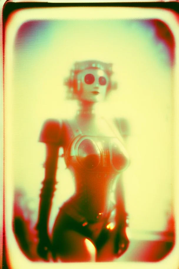 steampunk, vintage analog polaroid of a woman robot, female body, fog, lomography, heavy film grain, sun, color bleed, depth of field, bokeh, retro