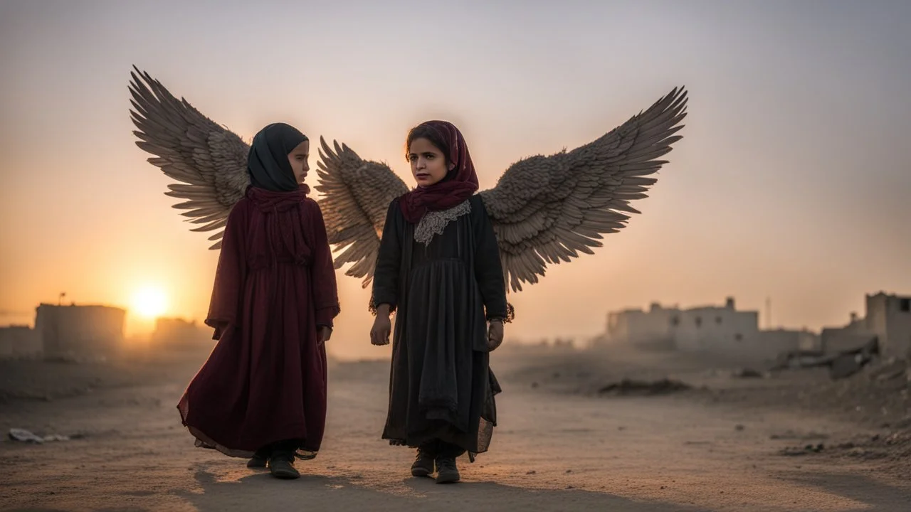 A Palestinian girl have tow wings wearing an old dress in gaza during sunset in winter.