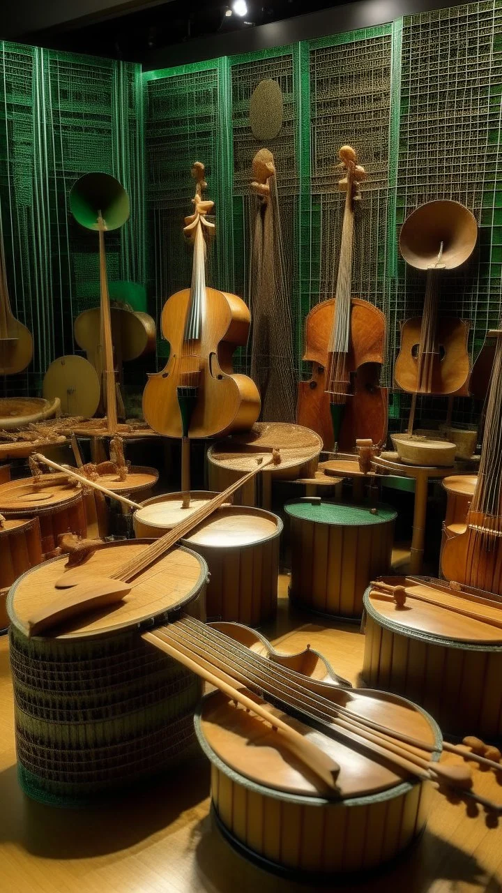 Mint color orchestral instruments made out of nuts painted by Frank Lloyd Wright