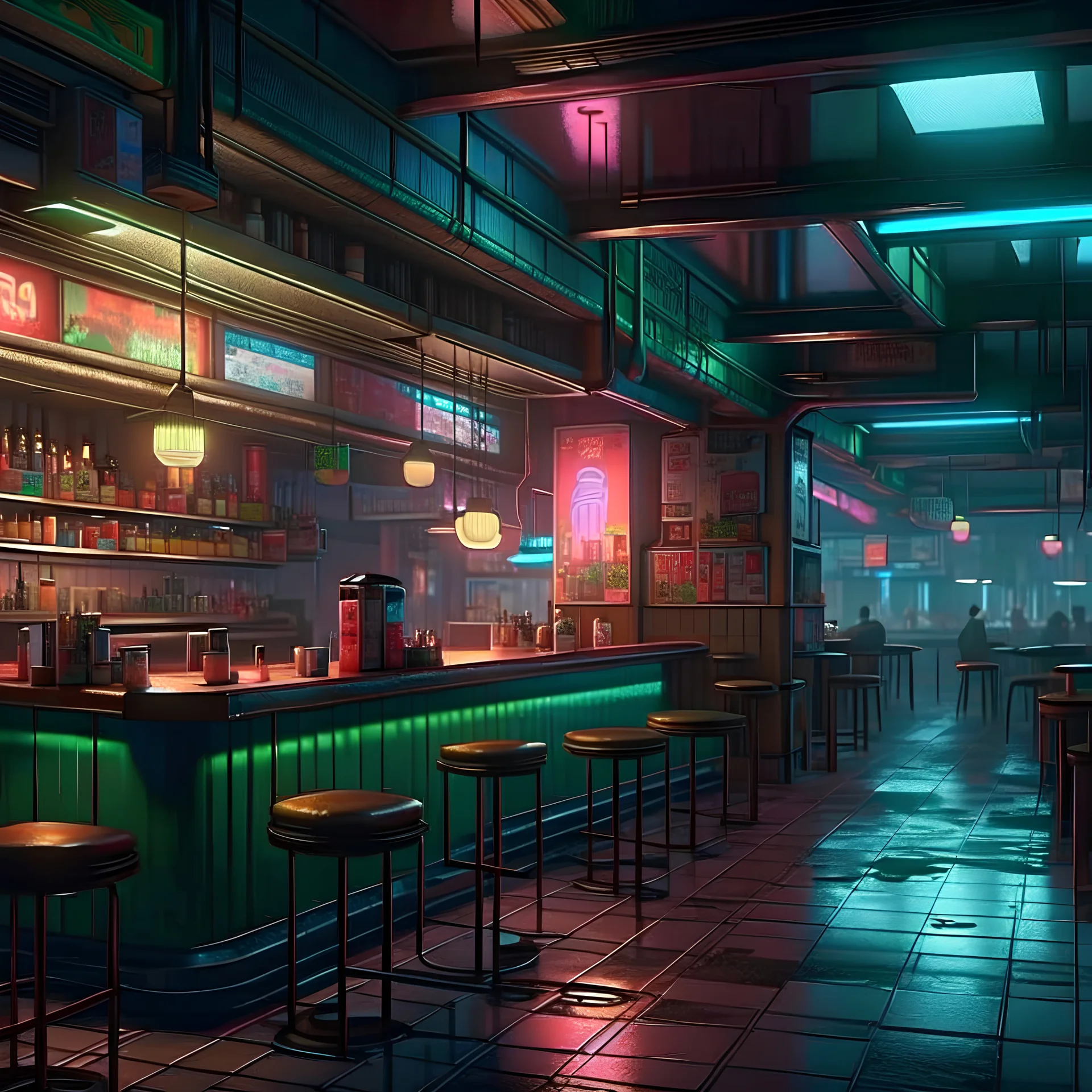 a coffeehouse in Blade Runner futuristic retrowave colors hq 4k hazy booths photorealistic crowded