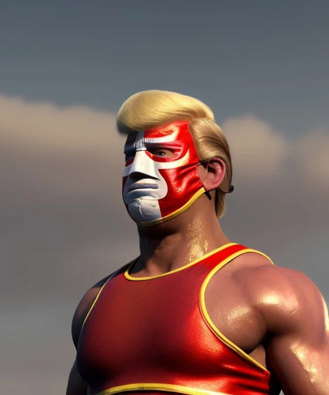 Realistic image of Donald trump wrestler, Mexican wrestling style, Mexican wrestling mask, red and blue breeches, glow us flag dress, suspenders, retro style, 80s, vibrant color, highly detailed, sky background, concept art, unreal engine 5, god rays, ray tracing, RTX, lumen lighting, ultra detail, volumetric lighting, 3d, finely drawn, high definition, high resolution.