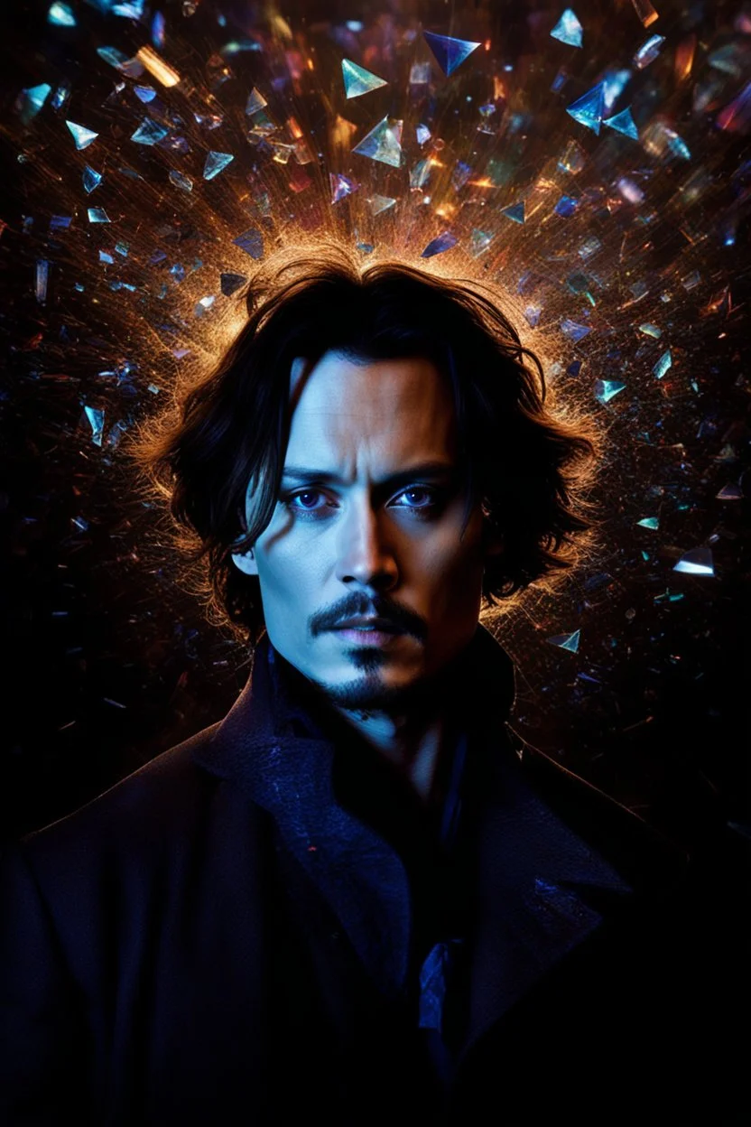 Johnny Depp - pitch-black background with a blue glowing overhead spotlight effect, multicolored shards of broken glass, prism effect, mosaic effect, time travel, space voyages, superheroes, moving really fast