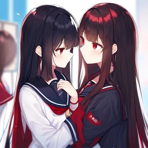 Clear focus,High resolution, Black long hair, Red eyes, Red horns, Wearing a sailor uniform, Another girl, with black long hair, Red eyes, Wearing a sailor uniform