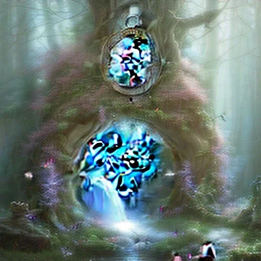 romantic fantasy spray painting, upper body of ultra cute bunny mist sitting on huge marble throne, torch in winding magical forest with waterfall