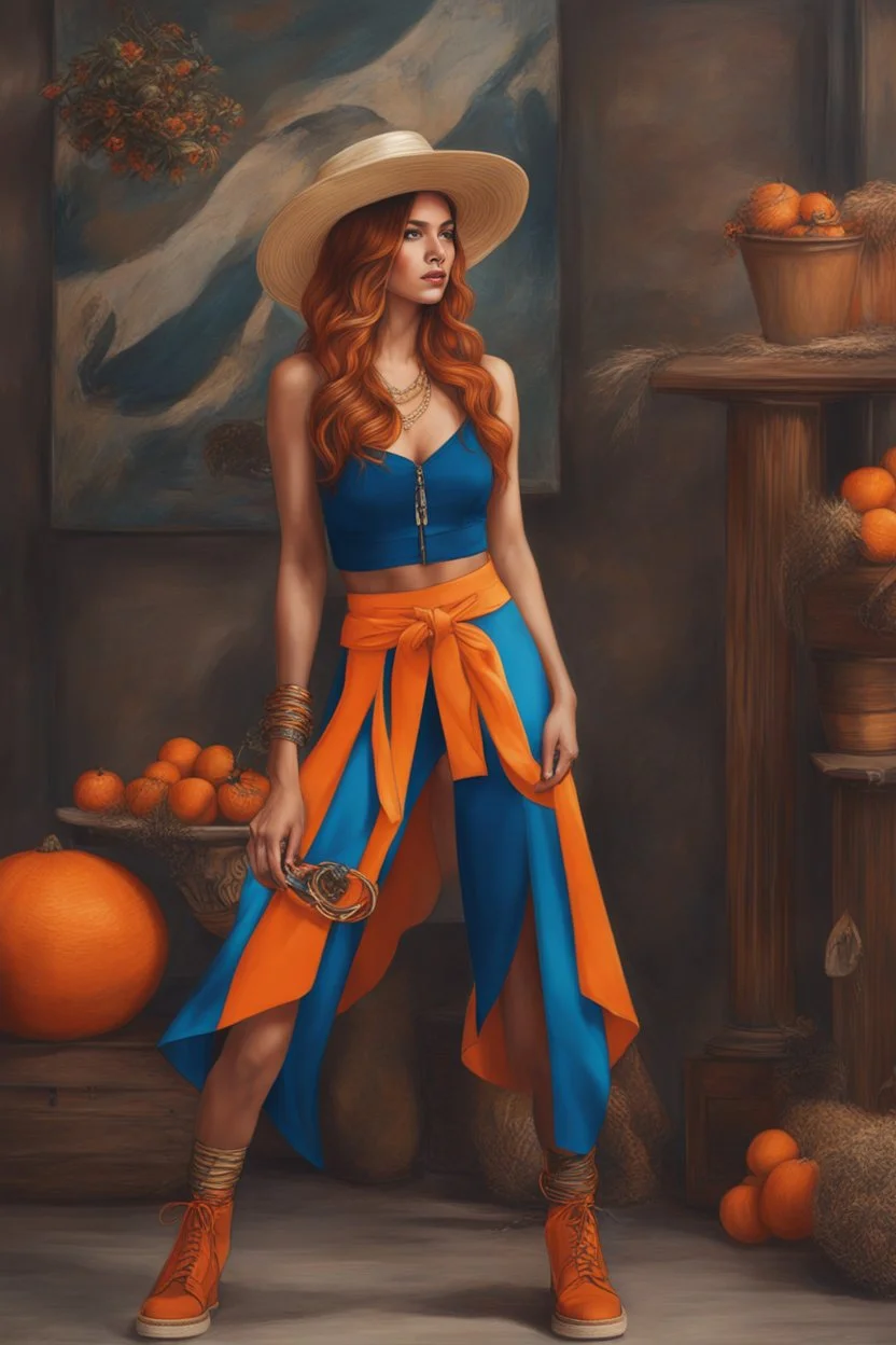 Full body of beautiful girl nami, Hair Color: Orange, Style: Wavy, Outfit Top: Blue, Outfit Bottom: Orange, Shoes: Brown, Accessories: Tangerine, Weapon: Clima-Tact, Hat: Straw, Tattoo: Pinwheel, Earrings: Hoops, sophisticated,, beautiful woman, hyper realistic, hyperrealism, photoreal, realistic, photorealistic, soft pastels, full-body, standing, long shot, wide angle, aesthetic