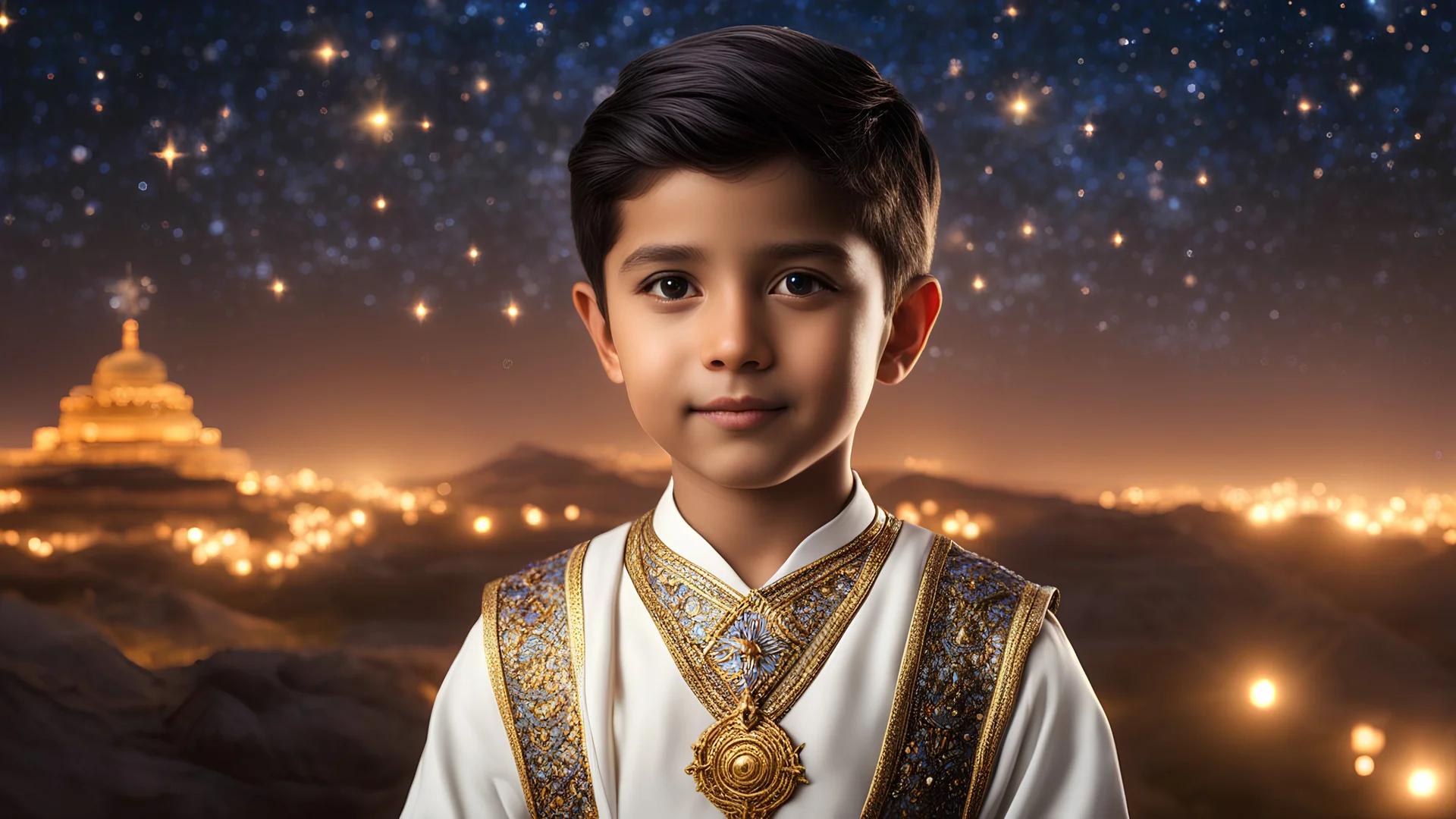 little very young Zoroastrian boy, handsome, peaceful, gentle, confident, calm, wise, happy, facing camera, head and shoulders, traditional Zoroastrian costume, perfect eyes, exquisite composition, night scene, fireflies, stars, Zoroastrian landscape, beautiful intricate insanely detailed octane render, 8k artistic photography, photorealistic concept art, soft natural volumetric cinematic perfect light, chiaroscuro, award-winning photograph, masterpiece, Raphael, Bouguereau, Alma-Tadema