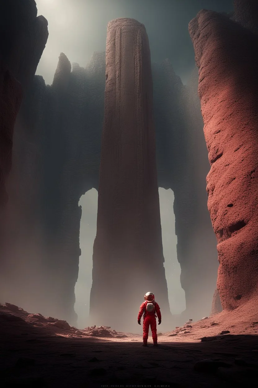 Mysterious huge ancient Rocky pillar with scifi gate attached with a astronaut (red suit) standing near the gate, destroyed, foggy condition wide-angle, cinematic lighting, perfect golden ratio composition detailed ground environment, haze, ultra-detailed, film photography, light leaks, Larry Bud Melman, trending on artstation, sharp focus, studio photo, intricate details, highly detailed, by greg rutkowski