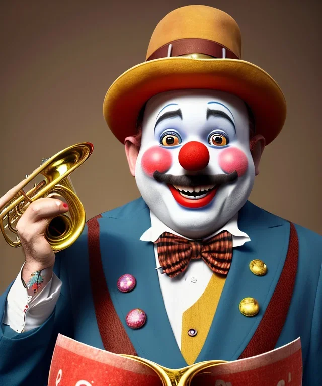 happy and funny old friendly clown with round head and trimmed beard playing jazz with a steampunk theme, trumpet on mouth, carnival, dreamy