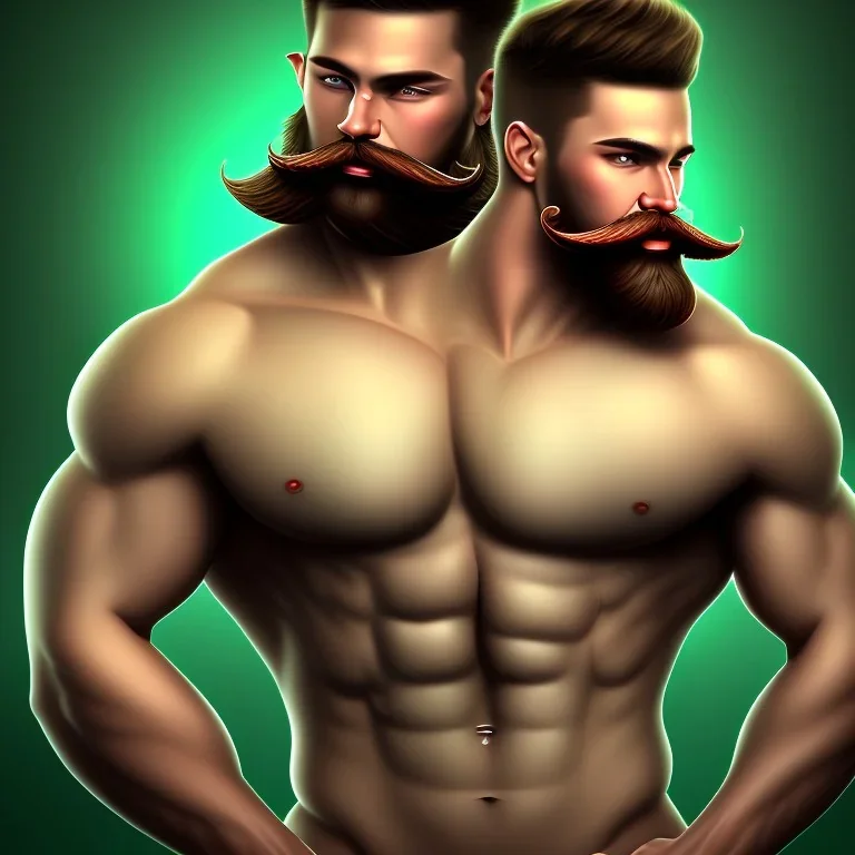 muscular shirtless man with big beard and big mustache and green eyes