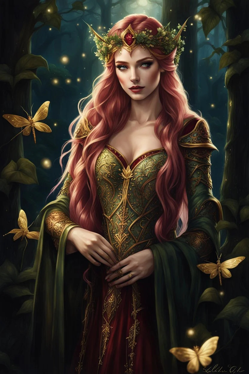 Burgundy hair, dark hair,dark red , rapunzel hair,very long hair,dark fairy princess,elven crown,night,dragonflies,beautiful,ong ashes,golden armor ,sparkle,night blooming,ivy,dark green,lilly of valley,golden elven crown,elven warrior,dark gold armor