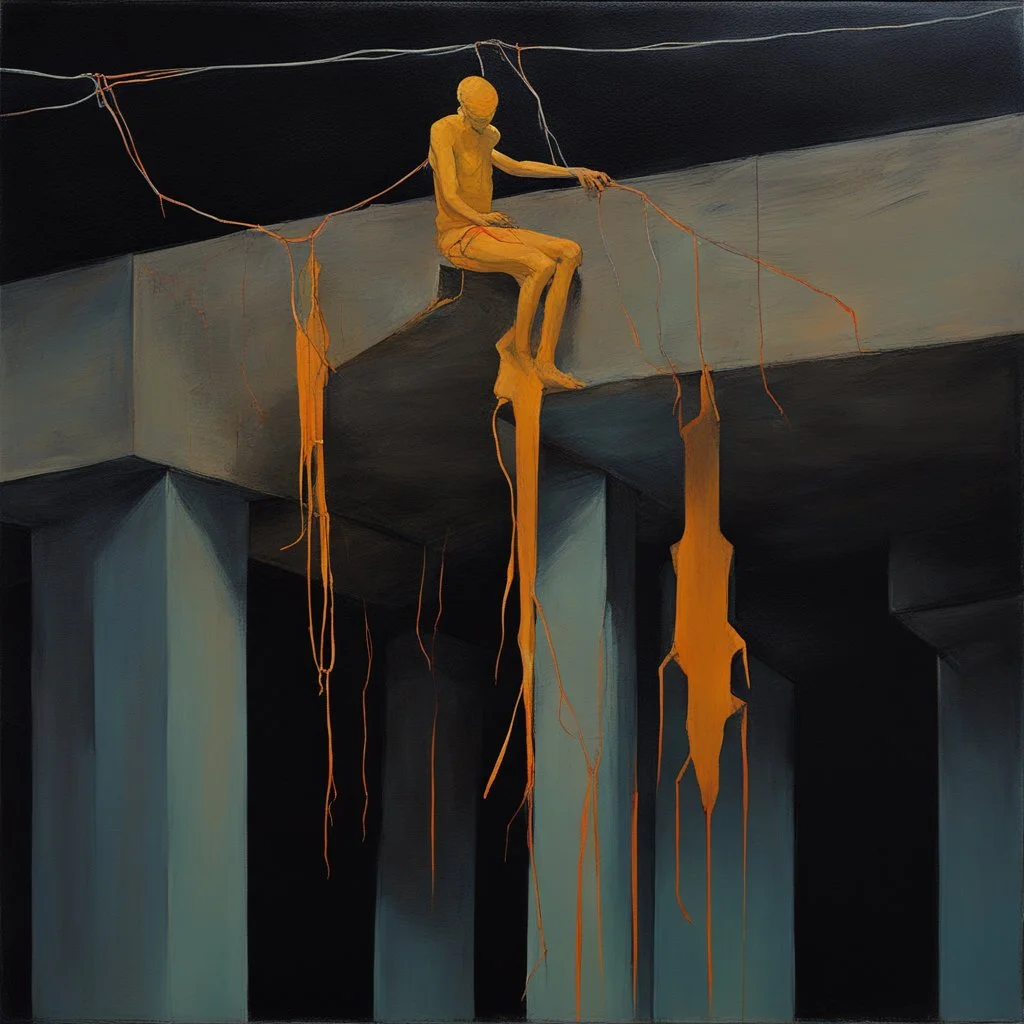 Minimal abstract oil painting of a falling person limbs sinew. Amongst concrete fragments brutalist architecture and hanging wires illuminated at night. Bright triadic colour In the style of Justin Mortimer and Phil Hale and Ashley Wood