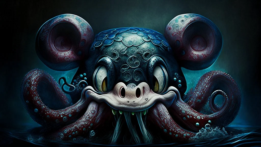 kraken octopus mickey mouse hybrid, photorealism, horror, evil, hungry, high resolution,