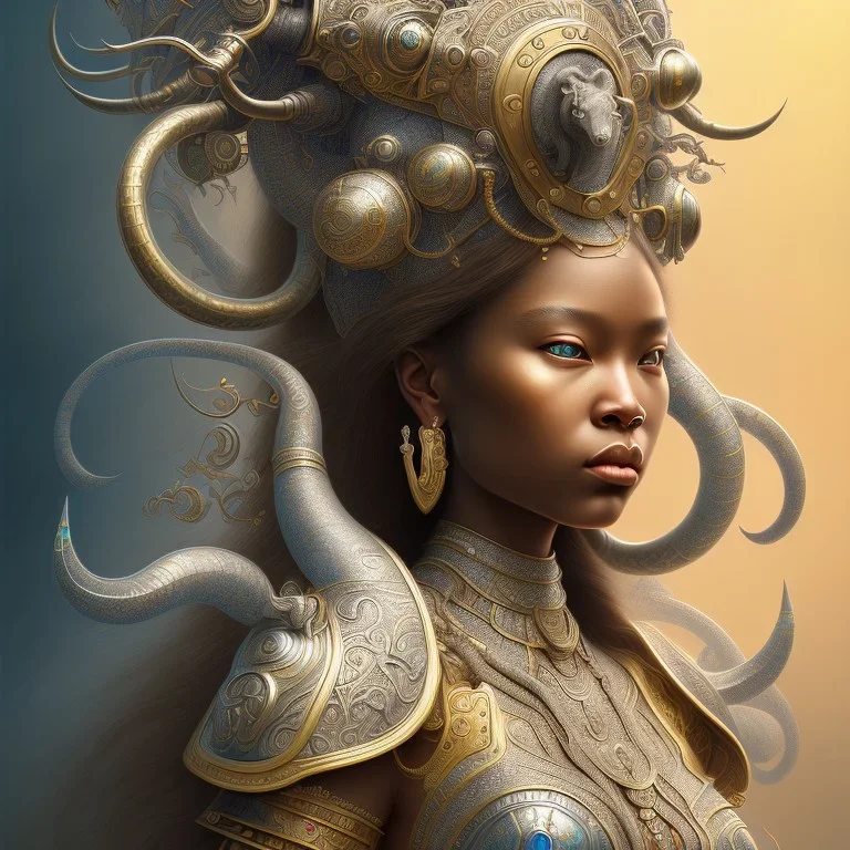 Sango fantasy, fantasy magic, intricate, sharp focus, illustration, highly detailed, digital painting, concept art, matte, art germ and Paul Lewin and Kehinde Wiley, masterpiece silver elephant head bronze Buddha Asian African girl nice breast Hawaiian hair turquoise golden waves