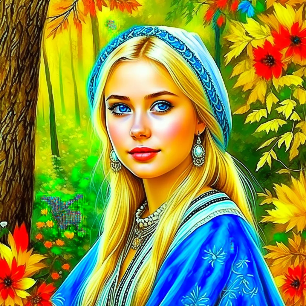 Blue eyed blonde women in traditional dress, nature background, water color, 24k, high resolution, highly detailed, cozy, forest with leafs, flowers, smooth, folk, painting