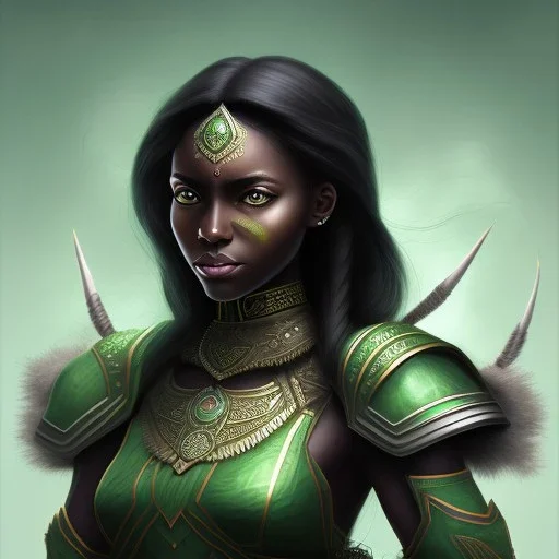 fantasy setting, dark-skinned woman, dark skin, indian, green and black hair