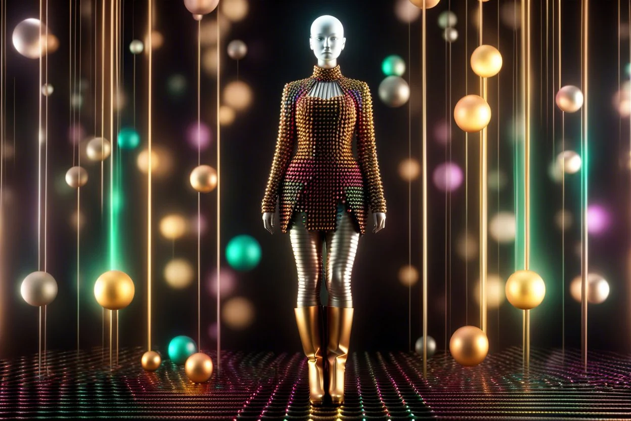 beautiful full body with long boots lady in surreal stage made of fractal random size spheres with helical strip colors in clothing similar to environment full body posing to camera,animating background metallic random color cubes
