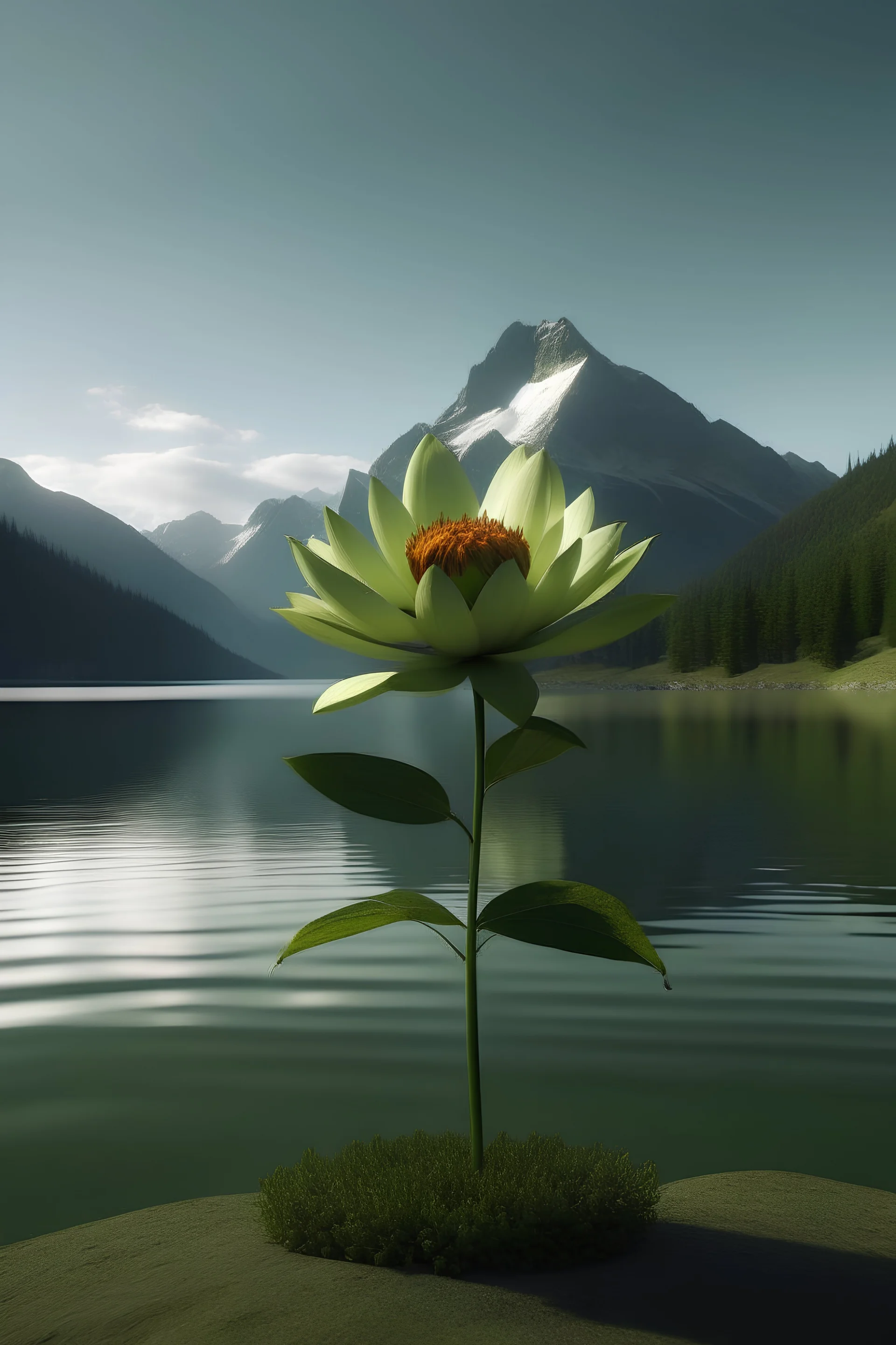 rendering of a flower growing in front of a lake with mountains behind it