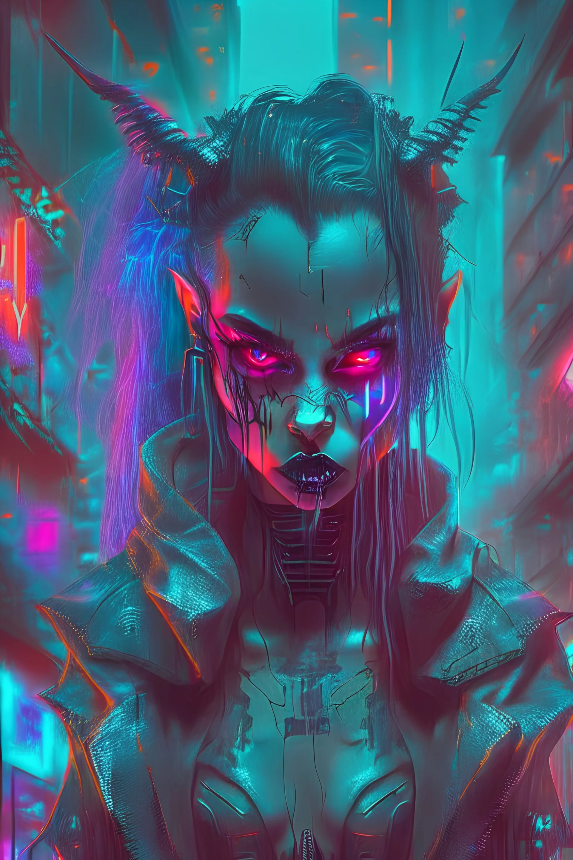 Cyberpunk demon black neon evil girl iper realistc whit urban underground background