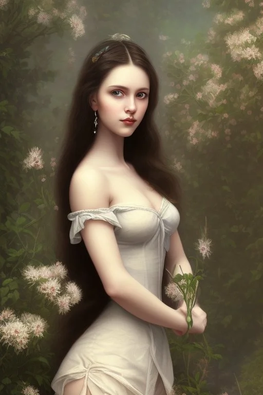 Beautiful Girl in the garden, 18 century, brunette, literally dark hair, dark eyes