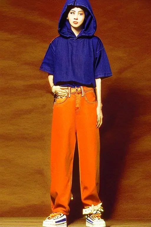 year 1998 women fashion. Loose, baggy, low waist straight suit Combat pants, t-shirt, new kind of hoodie with tippet! recycled denim straight trousers. Colors: denim blue, blue, purple, cream, khaki, "light green", lilac, plum, orange, terracotta, red, light yellow, lion yellow, pink, dark blue, beige. Sturnus vulgaris-print. wide belt. Partly latex or leather. Kylie Minogue, Tyra Banks. leg warmer. Cargo pants and hoodie!