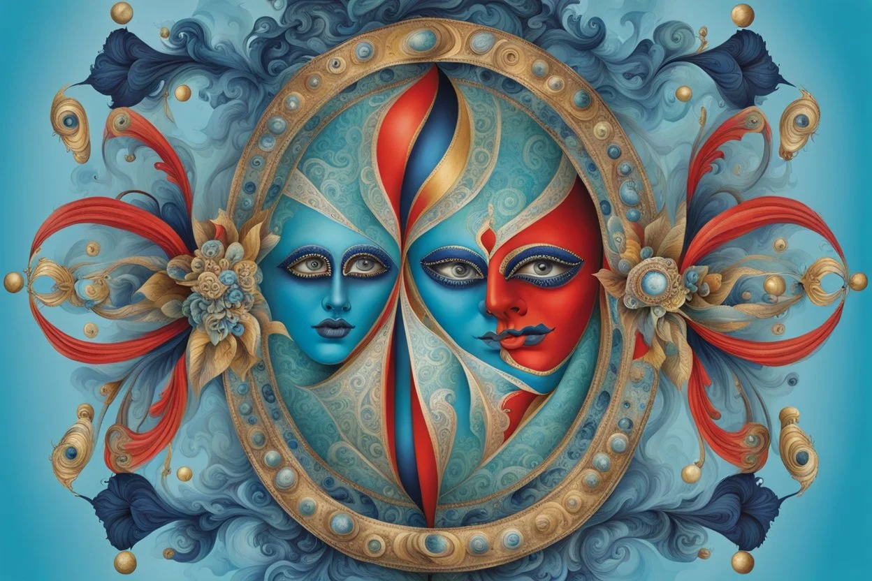 venice in a carnival picture 3, in the style of fantastical compositions, colorful, eye-catching compositions, symmetrical arrangements, navy and aquamarine, distinctive noses, gothic references, spiral group