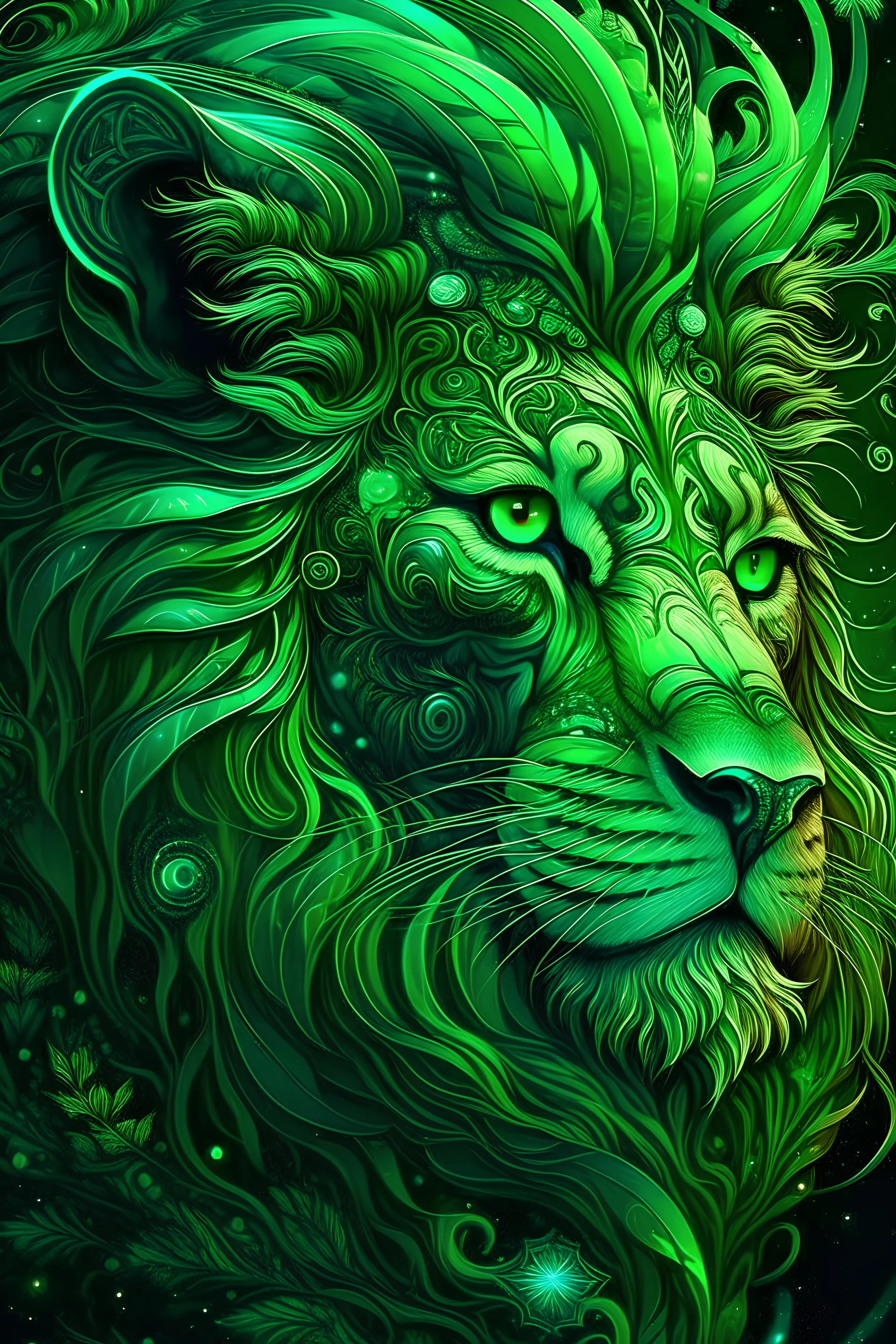 stunningly intricate details of this green digital painting. Featuring a luminous filigree fantasy lion with fluffy fur and reflective eyes, this close-up portrait is a true masterpiece of digital art.t, by craola, Jasmine Becket-Griffith, Cyril Rolando . concept art, centered composition perfect composition, centered, intricated pose, intricated, low poly, isometric art, 3d art, high detail, artstation, concept art, behance, ray tracing, smooth, sharp focus, ethereal lighting