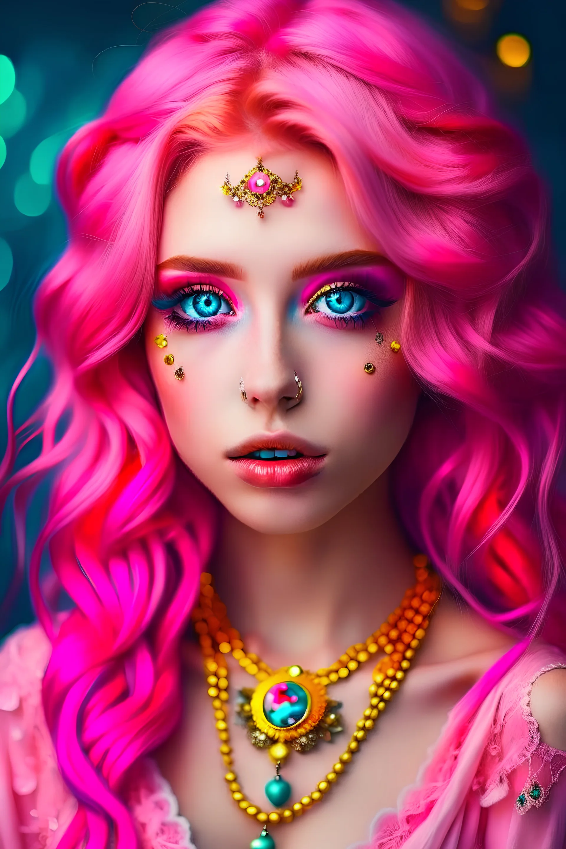 The beauty of a girl with dream-like pink hair, wide eyes resembling jewels, and a slender, graceful body that exudes a touch of magic and femininity."