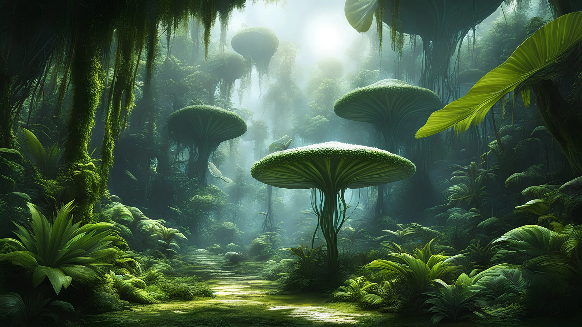 ultra-fine digital painting of a Shape-shifting entity adapting to environments in a Jungle planet with levitating flora, cyberpunkai, super detail, ultra-realism, Volumetric lighting