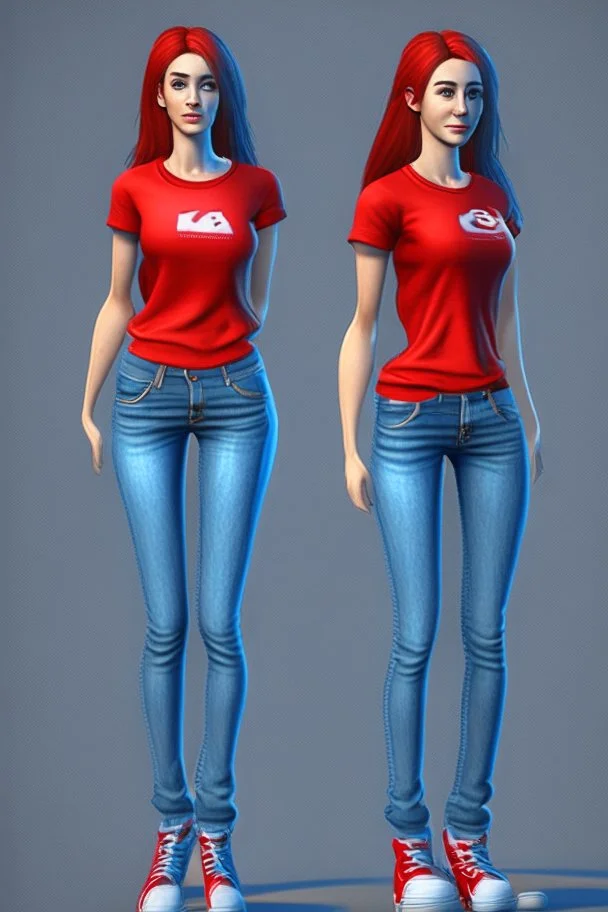 beautiful female realistic 3d character for Animation with Red t shirt and blue jeans with sport shoes and beg
